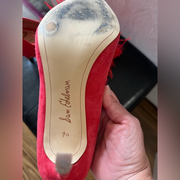 Sam Edelman Red Hide Heels Featuring a Feathers Pom Pom Size 7.5 - Picture 6 of 8